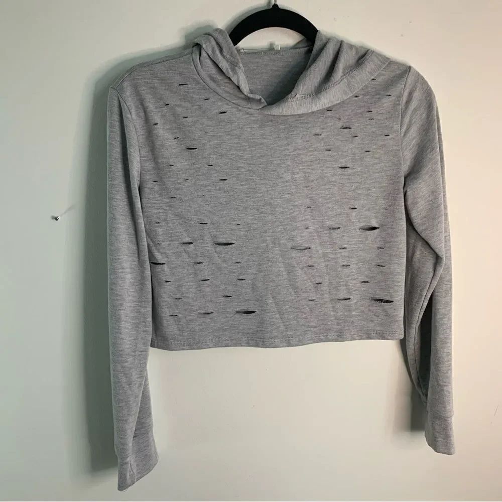 Gaze USA Grey Holey Cropped Hoodie Sweatshirt Size Small